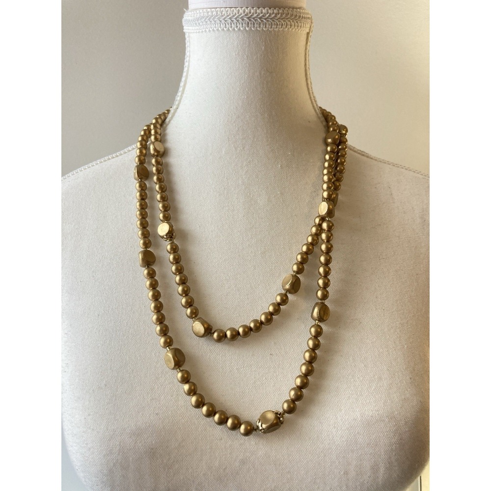 Vintage Gold Tone Double Strand Necklace Satin Finish Beads Hong Kong Flapper